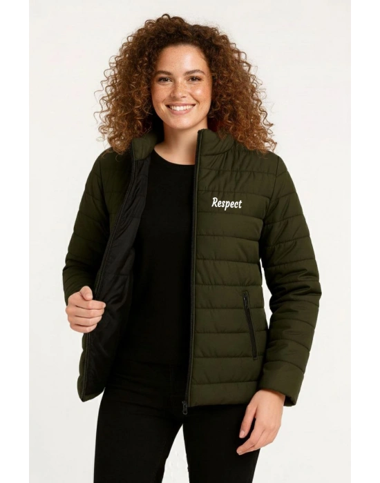 Kadın Mikro Su İtici Kapitone Baskılı Astarlı Fermuarlı Bomber Mont - Haki