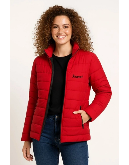 Kadın Mikro Su İtici Kapitone Baskılı Astarlı Fermuarlı Bomber Mont - Kırmızı