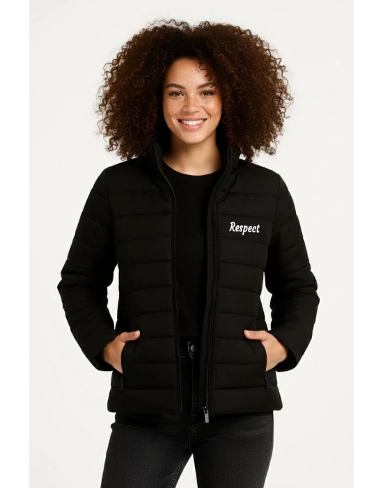 Kadın Mikro Su İtici Kapitone Baskılı Astarlı Fermuarlı Bomber Mont - Siyah