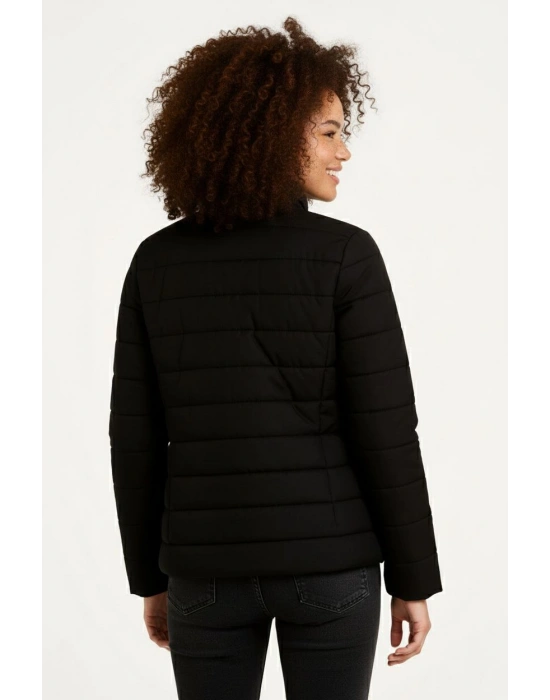 Kadın Mikro Su İtici Kapitone Baskılı Astarlı Fermuarlı Bomber Mont - Siyah