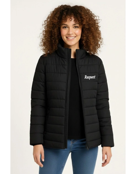 Kadın Mikro Su İtici Kapitone Baskılı Astarlı Fermuarlı Bomber Mont - Siyah