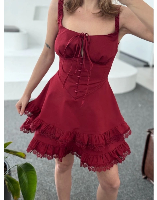 Kadın Mini Askılı Elbise - Bordo