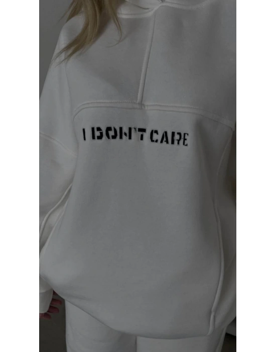 Kadın Nakış İşlemeli 3 İplik Pamuklu Sweat Alt-Üst Takım- Beyaz