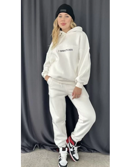 Kadın Nakış İşlemeli 3 İplik Pamuklu Sweat Alt-Üst Takım- Beyaz