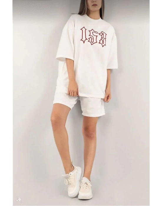 Kadın Nakış İşlemeli Şort Kısa kol Alt-Üst Takım - Beyaz