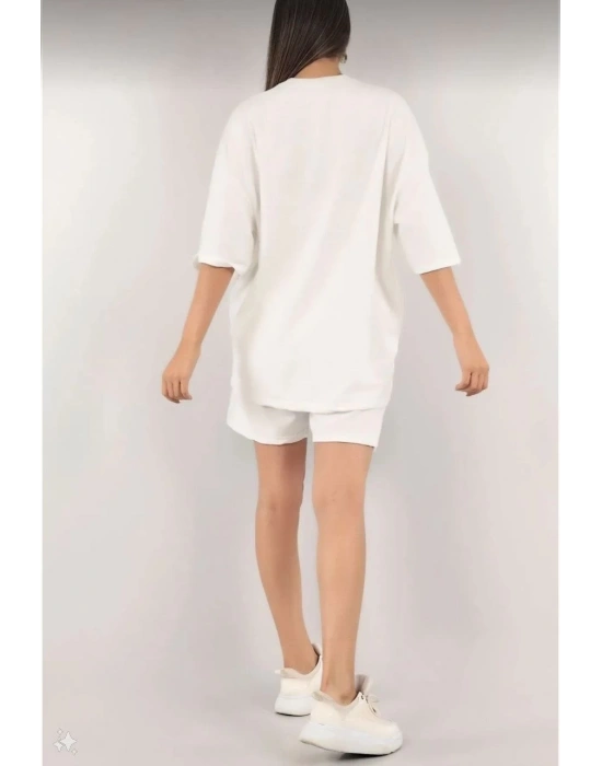 Kadın Nakış İşlemeli Şort Kısa kol Alt-Üst Takım - Beyaz