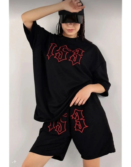 Kadın Nakış İşlemeli Şort Kısa kol Alt-Üst Takım - Siyah