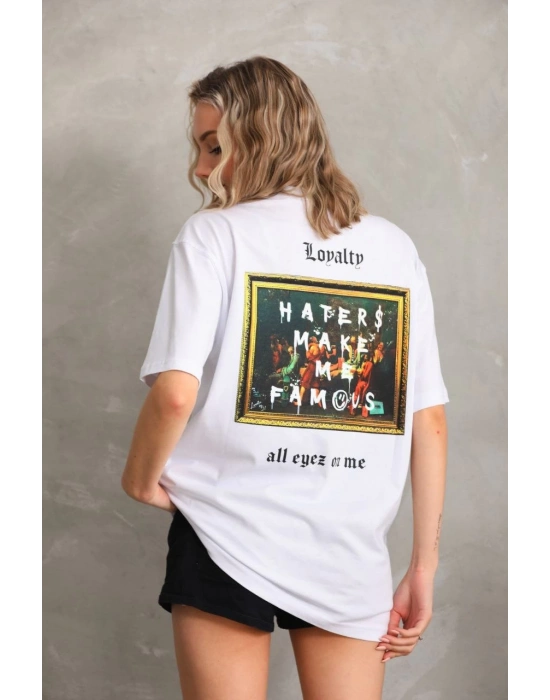 Kadın ön ve arka Baskılı Oversize Kısa kol  T-Shirt - Beyaz