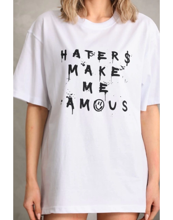 Kadın ön ve arka Baskılı Oversize Kısa kol  T-Shirt - Beyaz