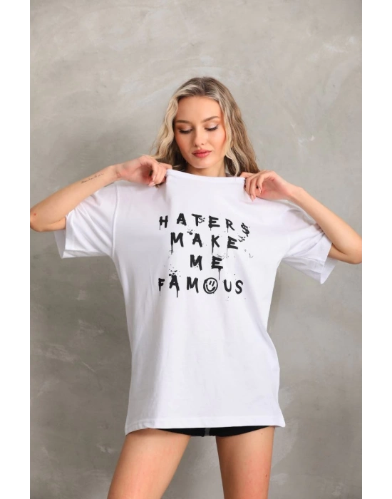 Kadın ön ve arka Baskılı Oversize Kısa kol  T-Shirt - Beyaz