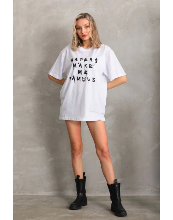 Kadın ön ve arka Baskılı Oversize Kısa kol  T-Shirt - Beyaz