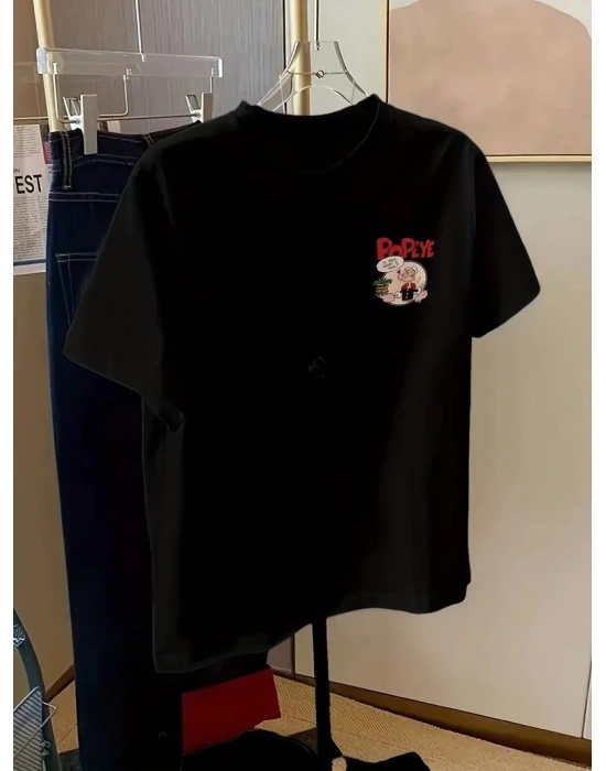 Kadın Ön ve Arka Baskılı T-Shirt Kısa Kol Bisiklet Yaka Regular Fit Tişört - Siyah