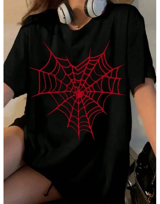 Kadın Örümcek Ağ Baskılı T-Shirt Kısa Kol Bisiklet Yaka Oversize Tişört - Siyah