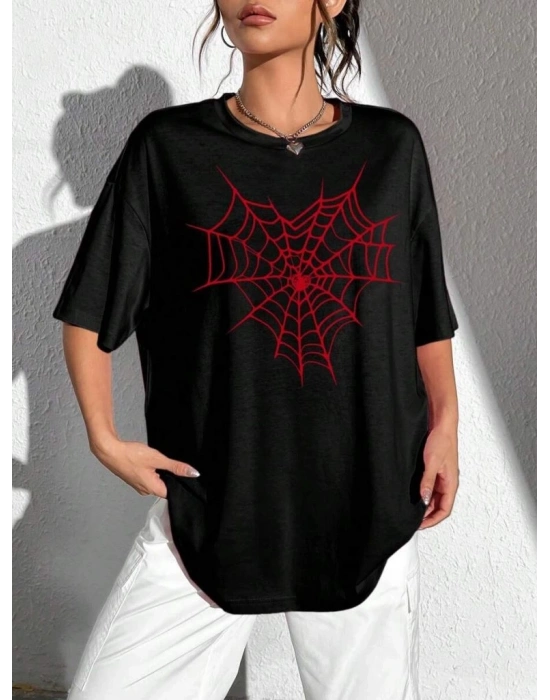 Kadın Örümcek Ağ Baskılı T-Shirt Kısa Kol Bisiklet Yaka Oversize Tişört - Siyah