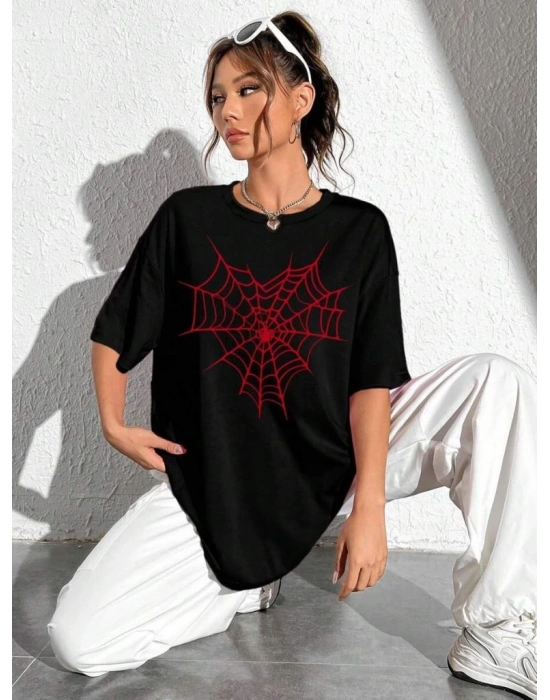 Kadın Örümcek Ağ Baskılı T-Shirt Kısa Kol Bisiklet Yaka Oversize Tişört - Siyah