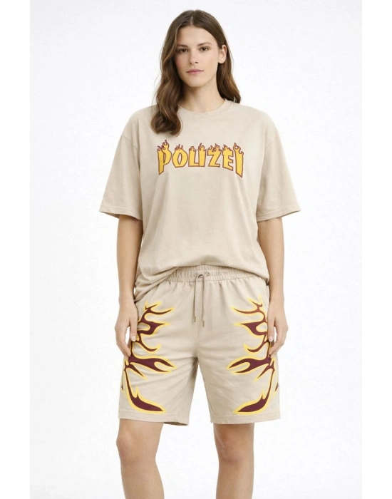 Kadın Oversize Baskılı Tişört Cepli Şort ikili Takım Kombin - Bej