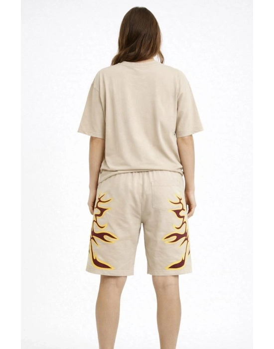 Kadın Oversize Baskılı Tişört Cepli Şort ikili Takım Kombin - Bej