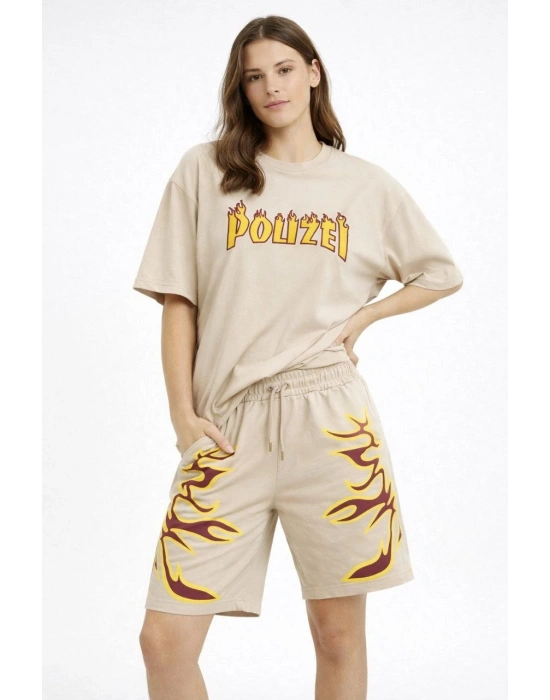 Kadın Oversize Baskılı Tişört Cepli Şort ikili Takım Kombin - Bej