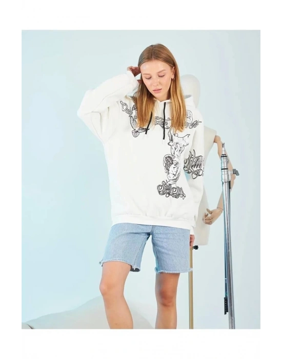 Kadın Oversize Kapüşonlu Baskılı 3 İplik Pamuklu Hoodie Sweatshirt - Beyaz