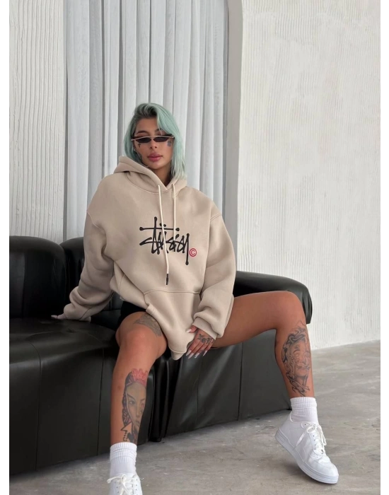 Kadın Oversize Kapüşonlu Cepli Baskılı 3 İplik Pamuklu Hoodie Sweatshirt - Bej