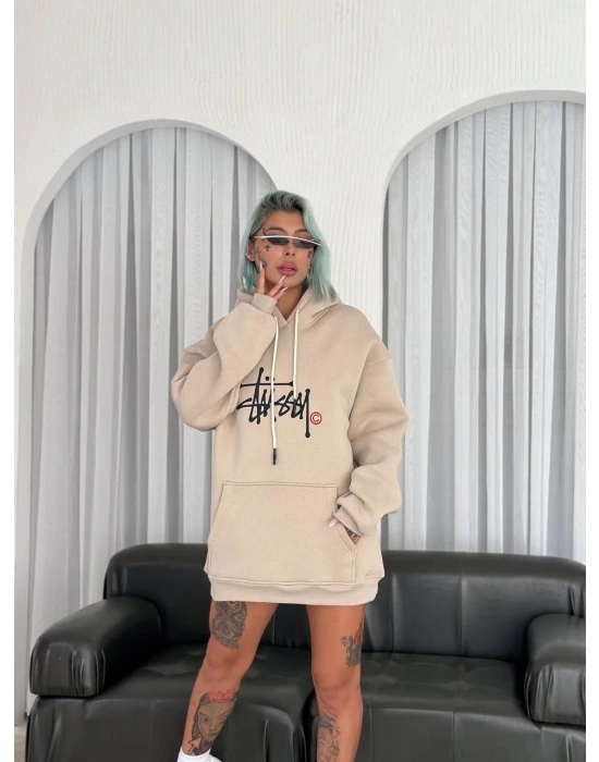 Kadın Oversize Kapüşonlu Cepli Baskılı 3 İplik Pamuklu Hoodie Sweatshirt - Bej