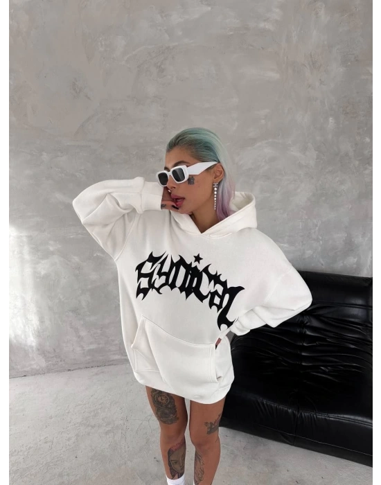 Kadın Oversize Kapüşonlu Cepli Baskılı 3 İplik Pamuklu Hoodie Sweatshirt - Beyaz
