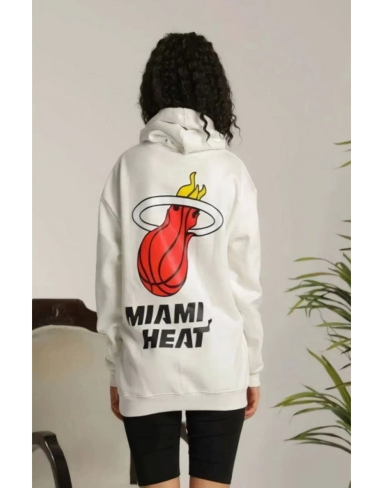 Kadın Oversize Kapüşonlu Cepli Baskılı 3 İplik Pamuklu Hoodie Sweatshirt - Beyaz