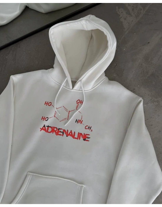 Kadın Oversize Kapüşonlu Cepli Baskılı 3 İplik Pamuklu Hoodie Sweatshirt - Beyaz