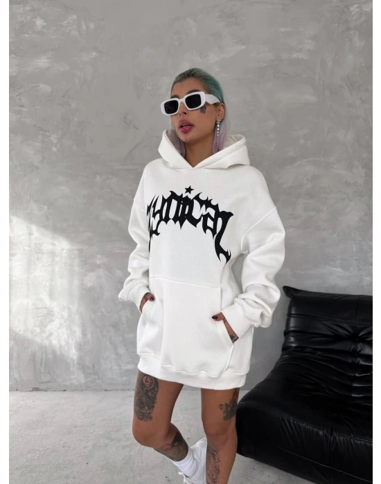 Kadın Oversize Kapüşonlu Cepli Baskılı 3 İplik Pamuklu Hoodie Sweatshirt - Beyaz