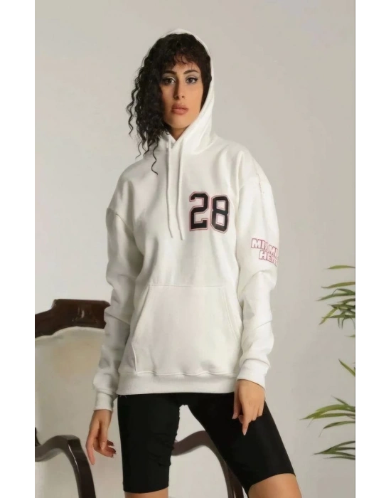 Kadın Oversize Kapüşonlu Cepli Baskılı 3 İplik Pamuklu Hoodie Sweatshirt - Beyaz