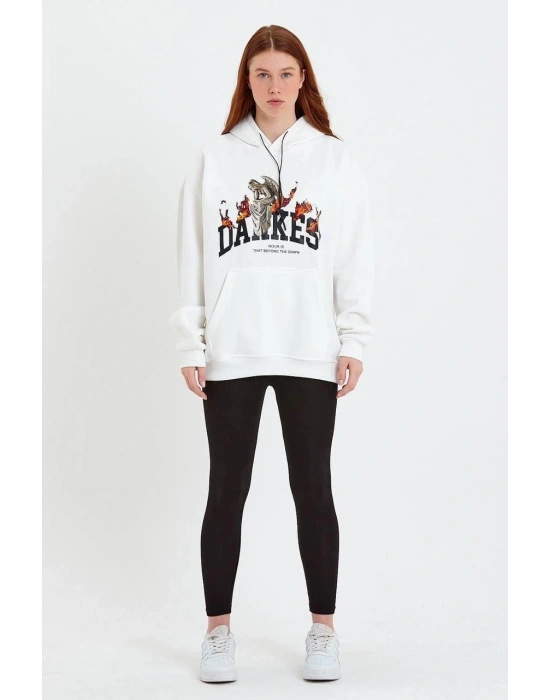 Kadın Oversize Kapüşonlu Cepli Baskılı 3 İplik Pamuklu Hoodie Sweatshirt - Beyaz