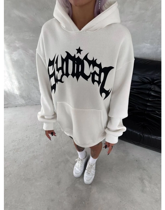 Kadın Oversize Kapüşonlu Cepli Baskılı 3 İplik Pamuklu Hoodie Sweatshirt - Beyaz