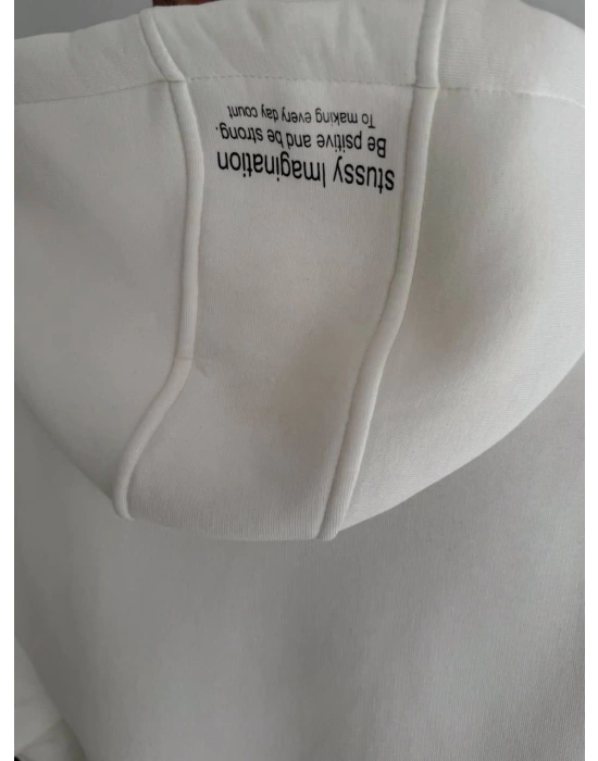 Kadın Oversize Kapüşonlu Cepli Baskılı 3 İplik Pamuklu Hoodie Sweatshirt - Beyaz