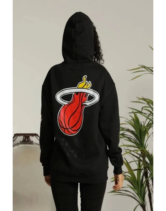 Kadın Oversize Kapüşonlu Cepli Baskılı 3 İplik Pamuklu Hoodie Sweatshirt - Siyah