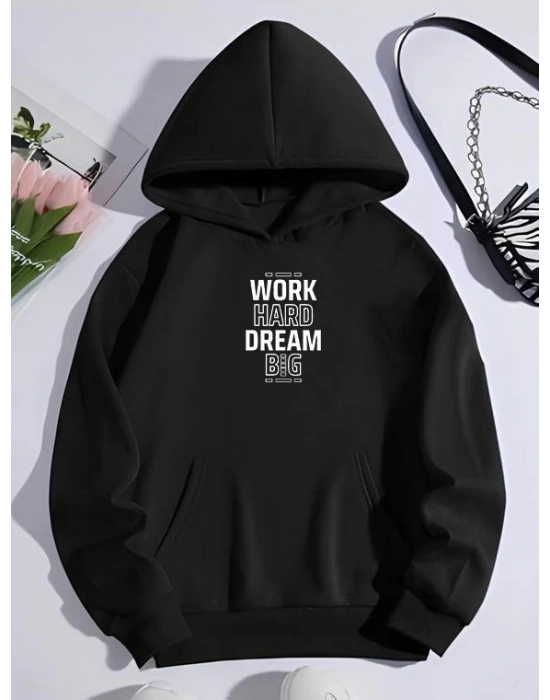 Kadın Oversize Kapüşonlu Cepli Baskılı 3 İplik Pamuklu Hoodie Sweatshirt - Siyah