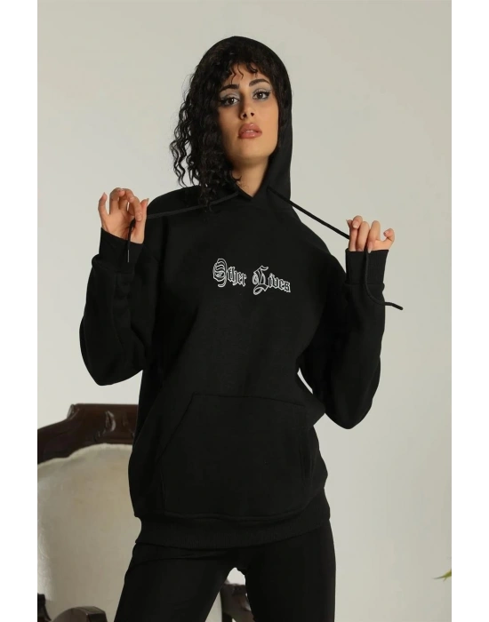 Kadın Oversize Kapüşonlu Cepli Baskılı 3 İplik Pamuklu Hoodie Sweatshirt -  Siyah