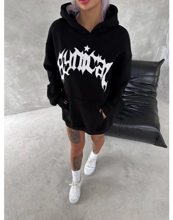 Kadın Oversize Kapüşonlu Cepli Baskılı 3 İplik Pamuklu Hoodie Sweatshirt - Siyah