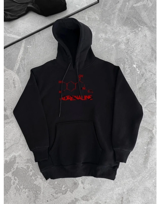 Kadın Oversize Kapüşonlu Cepli Baskılı 3 İplik Pamuklu Hoodie Sweatshirt - Siyah