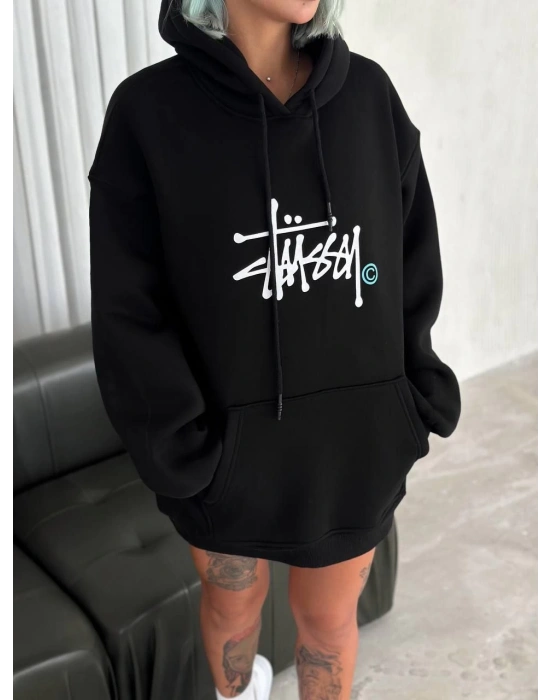 Kadın Oversize Kapüşonlu Cepli Baskılı 3 İplik Pamuklu Hoodie Sweatshirt - Siyah