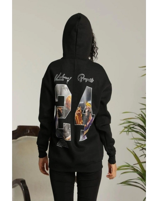 Kadın Oversize Kapüşonlu Cepli Baskılı 3 İplik Pamuklu Hoodie Sweatshirt - Siyah