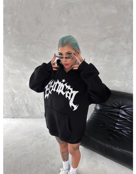 Kadın Oversize Kapüşonlu Cepli Baskılı 3 İplik Pamuklu Hoodie Sweatshirt - Siyah