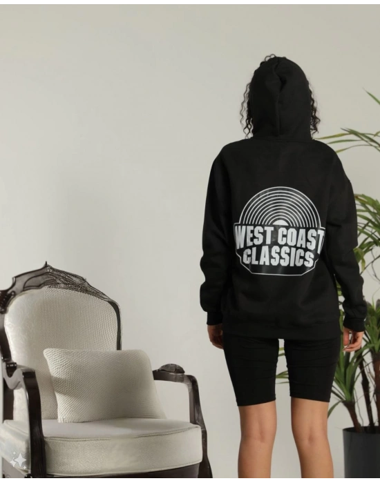 Kadın Oversize Kapüşonlu Cepli Baskılı 3 İplik Pamuklu Hoodie Sweatshirt - Siyah