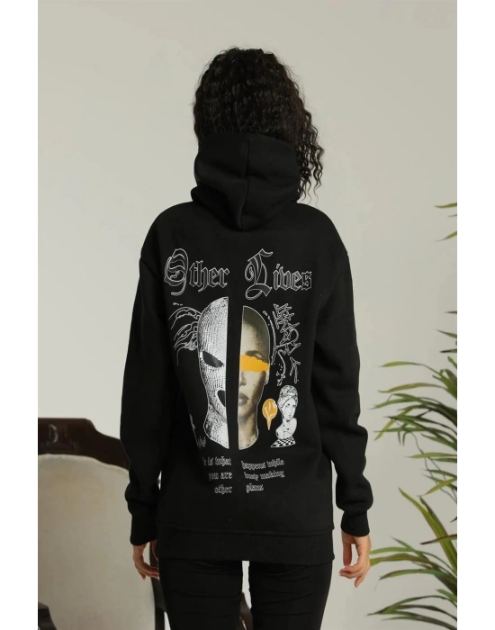 Kadın Oversize Kapüşonlu Cepli Baskılı 3 İplik Pamuklu Hoodie Sweatshirt - Siyah