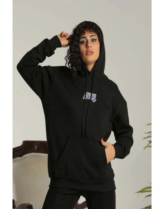 Kadın Oversize Kapüşonlu Cepli Baskılı 3 İplik Pamuklu Hoodie Sweatshirt - Siyah