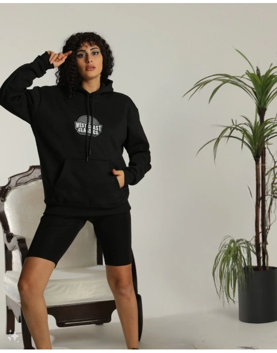 Kadın Oversize Kapüşonlu Cepli Baskılı 3 İplik Pamuklu Hoodie Sweatshirt - Siyah