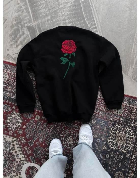 Kadın Oversize Kapüşonlu Cepli GÜL Baskılı 3 İplik Pamuklu Hoodie Sweatshirt - Siyah