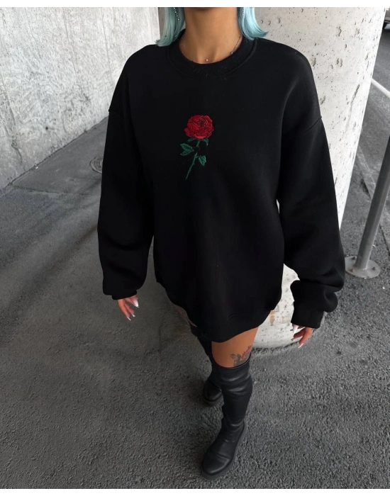 Kadın Oversize Kapüşonlu Cepli GÜL Baskılı 3 İplik Pamuklu Hoodie Sweatshirt - Siyah