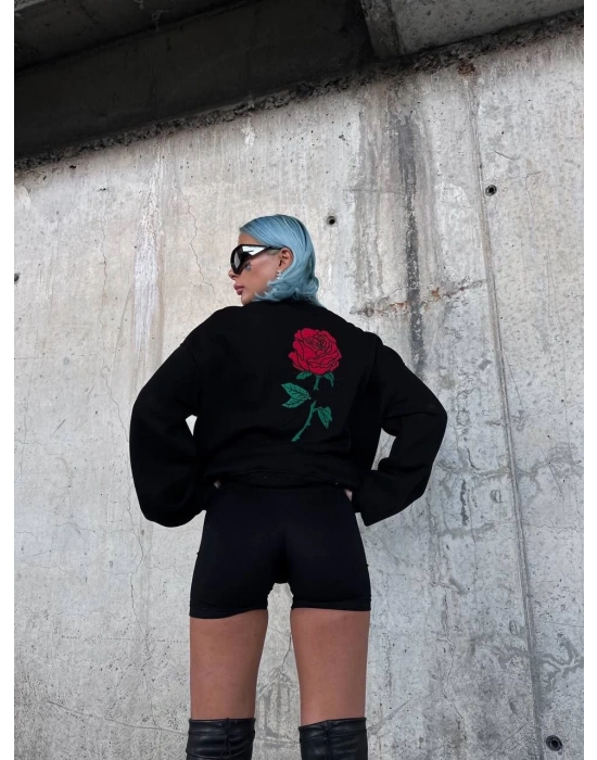 Kadın Oversize Kapüşonlu Cepli GÜL Baskılı 3 İplik Pamuklu Hoodie Sweatshirt - Siyah