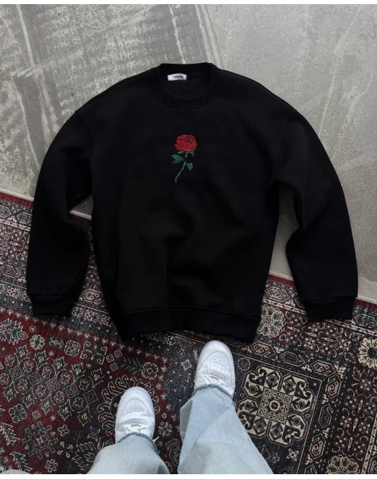 Kadın Oversize Kapüşonlu Cepli GÜL Baskılı 3 İplik Pamuklu Hoodie Sweatshirt - Siyah