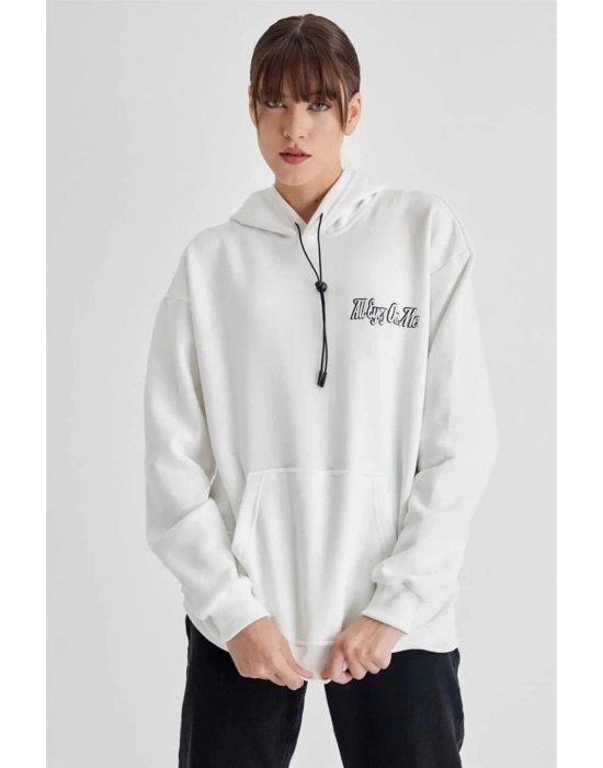 Kadın Oversize Kapüşonlu Cepli TUPAC Baskılı 3 İplik Pamuklu Hoodie Sweatshirt - Beyaz